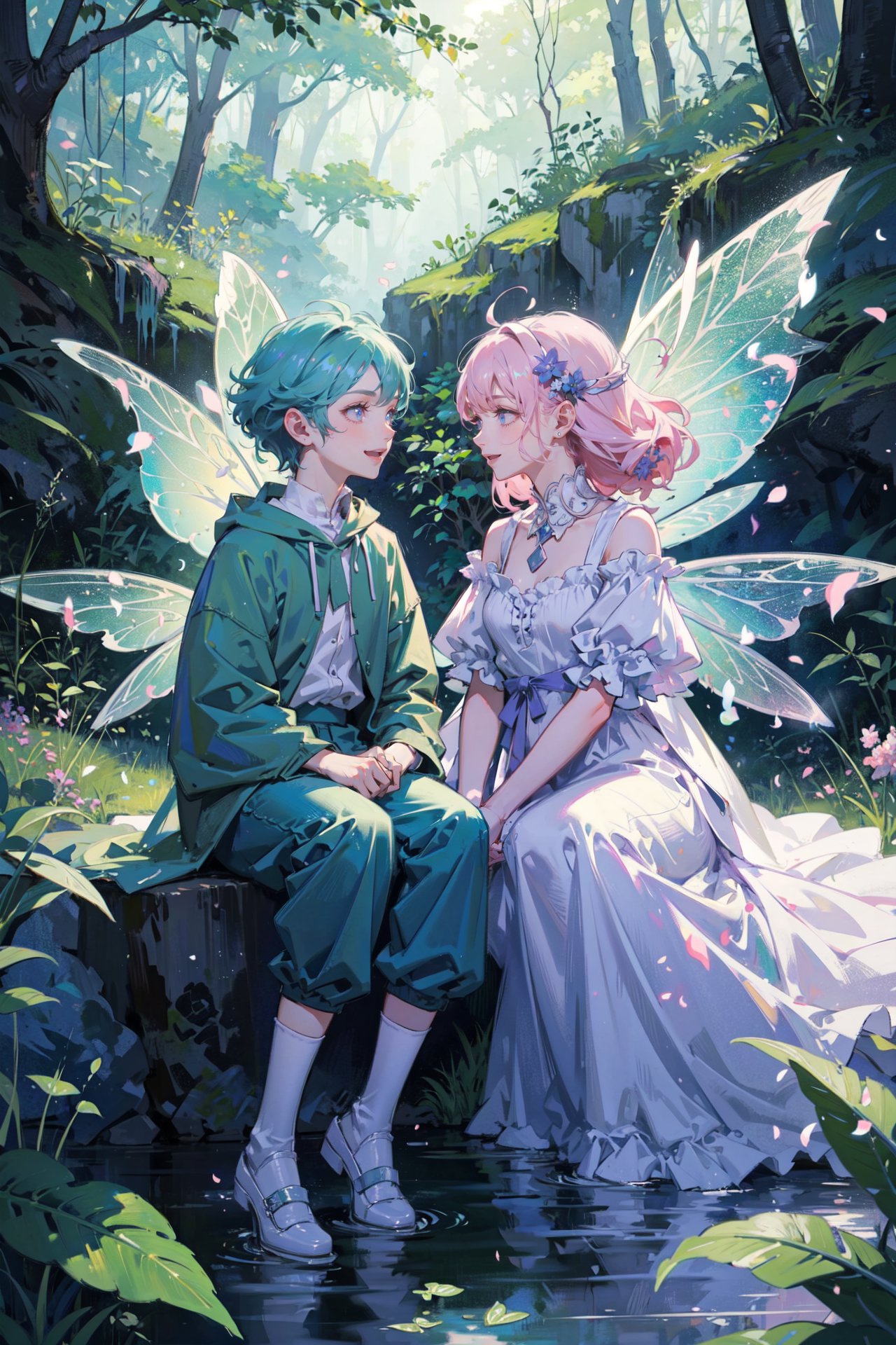 ((best quality, masterpiece, absurbres, super-resolution)) Dreamy Details, Full Body, Soft Pastels, Lavender, Mint Green, Baby Pink, 2 Boys, Fairy Kei Style, Enchanted Forest, Sunlight Filtering Through