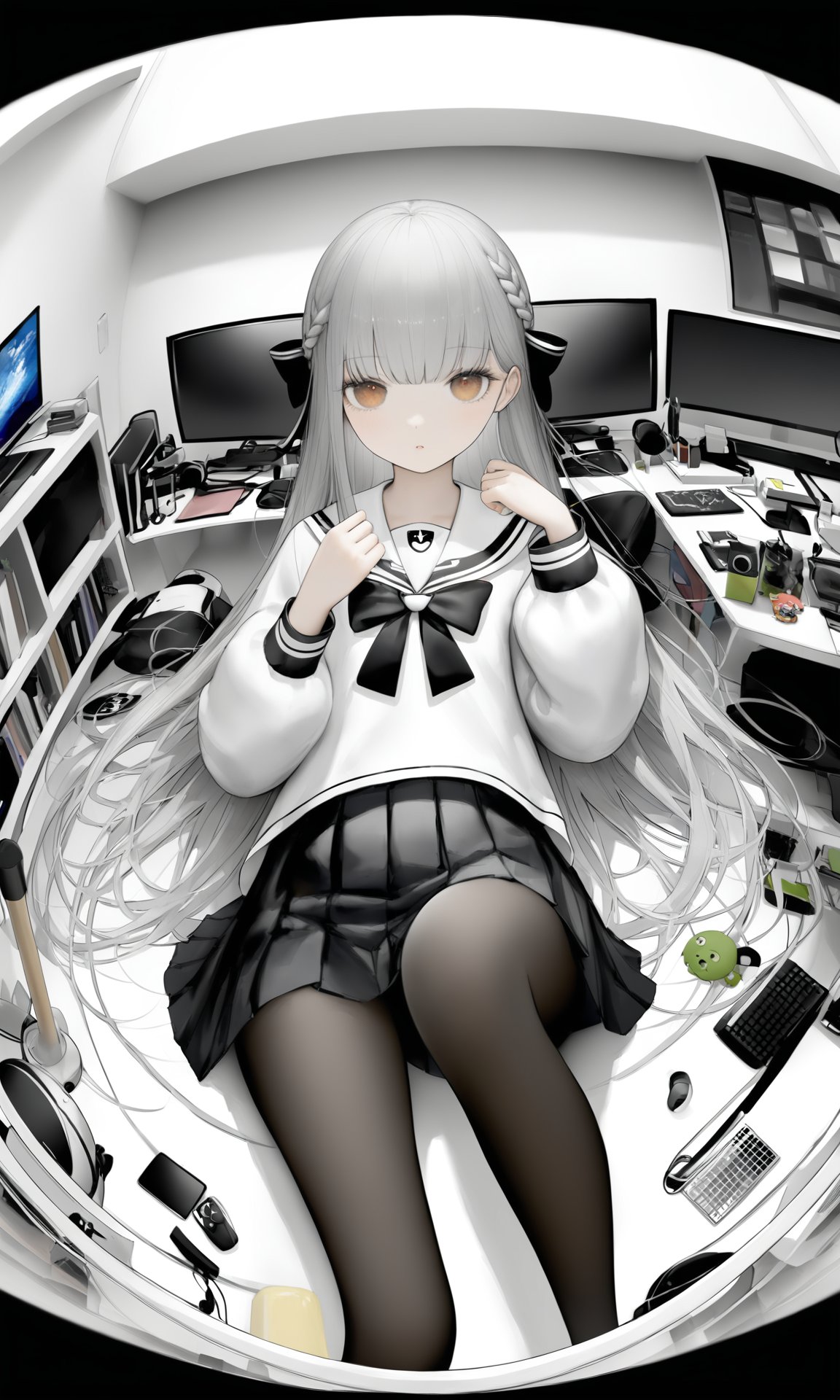 chowbie_jue,bangs,black_bow,black_pantyhose,black_skirt,blurry,blurry_background,bow,braid,brown_eyes,grey_hair,hair_between_eyes,hair_bow,hand_up,highres,legs,long_hair,long_sleeves,looking_at_viewer,original,black background,pantyhose,pleated_skirt,puffy_long_sleeves,puffy_sleeves,sailor_collar,shirt,skirt,solo,standing,white_sailor_collar,white_shirt,solo,messy room,loaded interior,bedroom,(((otaku room))),(computer)wide shot,(lying on back:1.3),Herb Ritts,cowboy shot,fisheye,