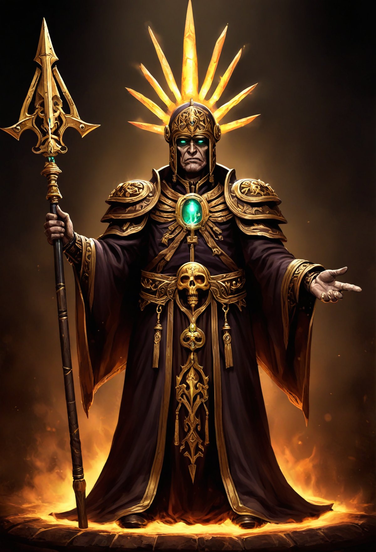 A digital painting of (Sanctioned Psyker) from the Warhammer 40k universe. He is standing in a dark room, surrounded by arcane symbols, he is wearing ceremonial robes and a large ornate helmet, his eyes are glowing with psychic energy, and he is holding a staff in his hands. By Miguel Iglesias.