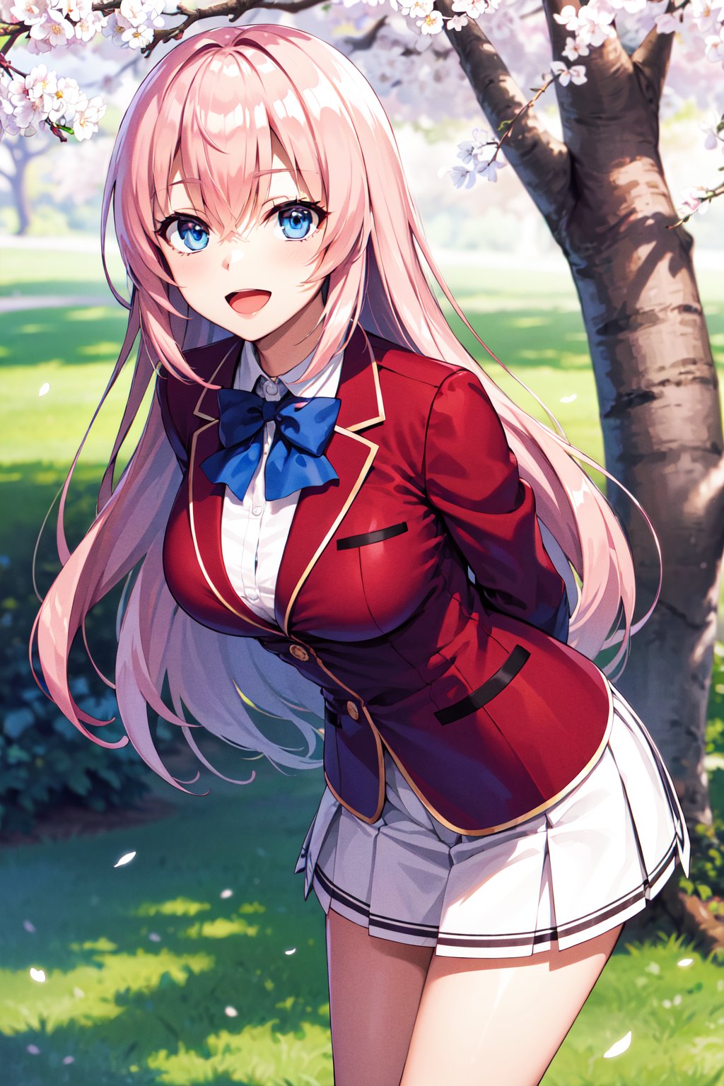 masterpiece, best quality, highres, aahonami, long hair, pink hair, blue eyes, school uniform, blue bowtie, blazer, red jacket, long sleeves, pleated skirt, white skirt, <lora:ichinose_honami_v1:0.7>, arms behind back, smile, open mouth, leaning forward, standing, cherry blossoms, 