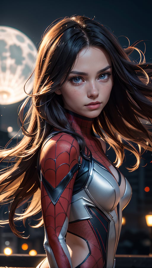 (best quality, masterpiece, colorful, dynamic angle, highest detailed) upper body photo, fashion photography of cute, intense long red hair, \Mary Jane\ in spiderman suit, (ultrahigh resolution textures), in dynamic pose, bokeh, glowing web, (intricate details, hyperdetailed:1.15), detailed, moonlight passing through hair, perfect night, colorful fantasy art background, (official art, extreme detailed, highest detailed), HDR+