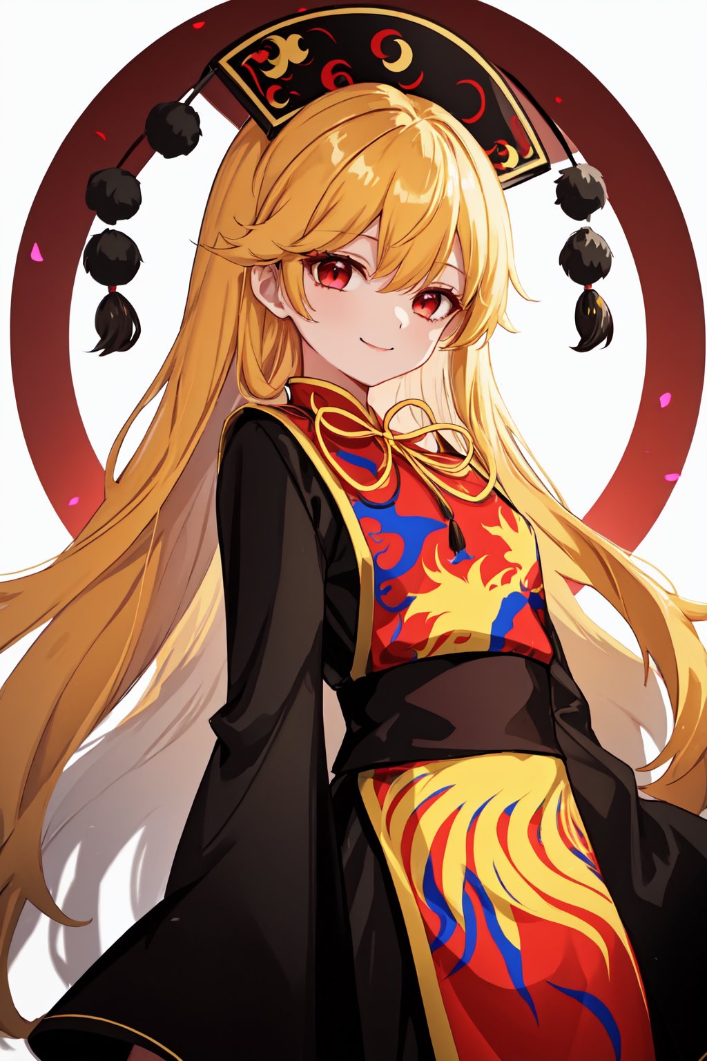 junko_(touhou),1girl,solo,tabard,hat,long_sleeves,black_dress,looking_at_viewer,wide_sleeves,chinese_clothes,closed_mouth,smile,pom_pom_(clothes),black_headwear,simple_background,crescent,phoenix_crown<lora:junko_(touhou):1>,simple background,white backgroundmasterpiece,best quality, highly detailed, 