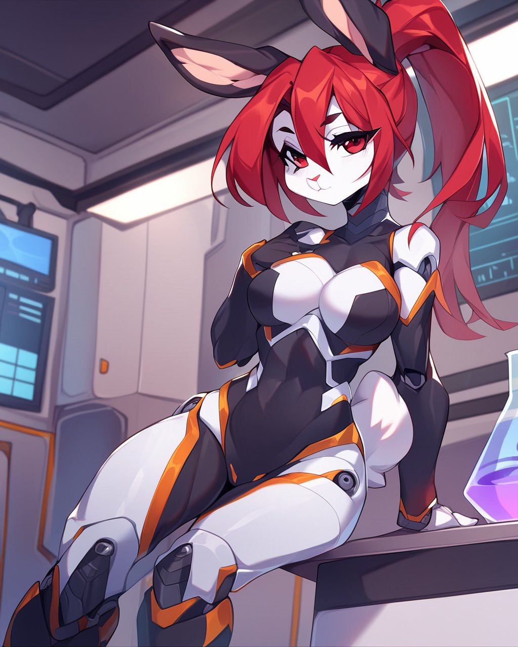 female anthro rabbit, lagomorph, white body, multicolored body, medium red hair, android, cybernetics, robot joints, armor, bodysuit, scut tail, curvy figure, sitting on table, pose, pinup, three-quarter portrait, inside, laboratory, looking at viewer, red eyes, black pupils,best quality,<lora:seaart-quality-v1>