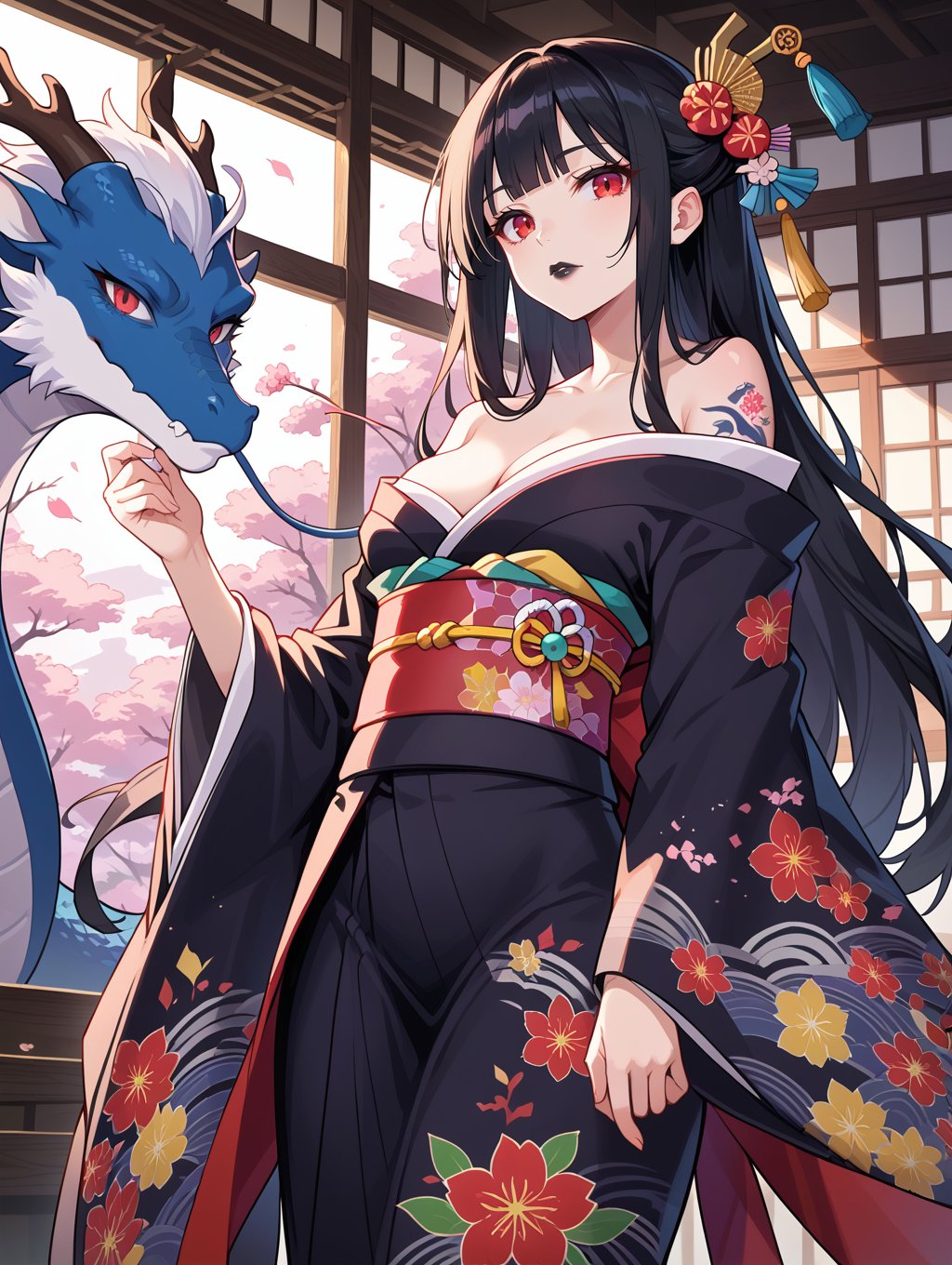 score_9, score_8_up, score_7_up,source_anime,1girl, solo, long hair, looking at viewer, bangs, black hair, red eyes, long sleeves, closed mouth, japanese clothes,  wide sleeves, kimono, sash, obi, floral print, dragon, black lips, black kimono, eastern dragon,off shoulder, arm tattoo, indoors, cleavage, 