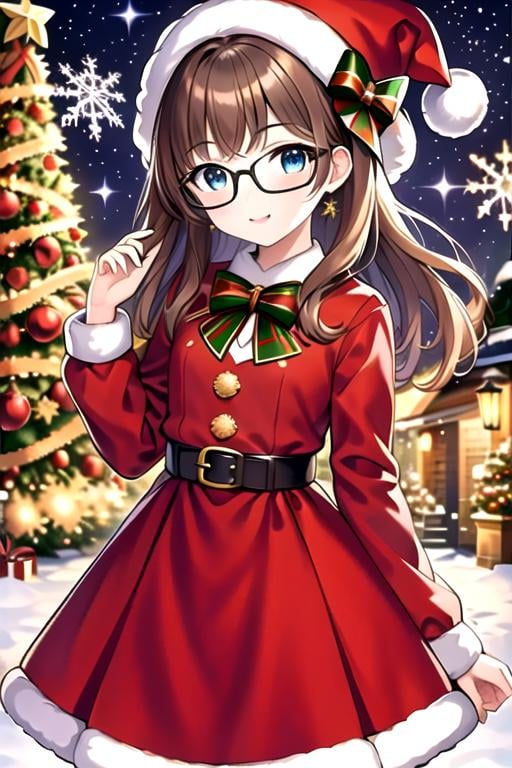 (masterpiece:1.2), best quality, masterpiece, highres, original,perfect light, 4k,8k,1girl, antlers, aurora, bell, belt, blue eyes, bobblehat, bow, candy cane, christmas, christmas lights, christmas ornaments, christmas tree, deer ears, earrings, fake antlers, fake facial hair, fake mustache, fireplace, fireworks, fur-trimmed capelet, fur-trimmed dress, fur-trimmed headwear, fur-trimmed skirt, fur-trimmed sleeves, fur trim, gift, gift bag, gift box, glasses, green bow, hat, holding sack, holly, jewelry, long hair, long sleeves, looking at viewer, merry christmas, night, night sky, ornament, pine tree, pom pom \(clothes\), red bow, red capelet, red dress, red headwear, red jacket, reindeer, reindeer antlers, reindeer costume, sack, santa bikini, santa boots, santa costume, santa dress, santa gloves, santa hat, shooting star, sky, smile, snow, snowing, solo, star \(sky\), star \(symbol\), star earrings, starry sky, wreath, <lora:christmas:0.7>