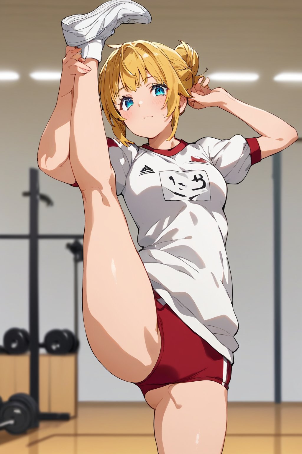 score_9, score_8_up, score_7_up, score_6_up, score_5_up, score_4_up, source_anime,ritto, single hair bun,1girl, solo, gym uniform, gym, standing split, looking at viewer, red buruma, short sleeves,masterpiece, perfect face, best quality, beautiful girl, cute girl, beautiful eyes, shiny eyes, anime coloring, anime screencap, absurdres, award winning, <lora:ritto nai 903:0.8>