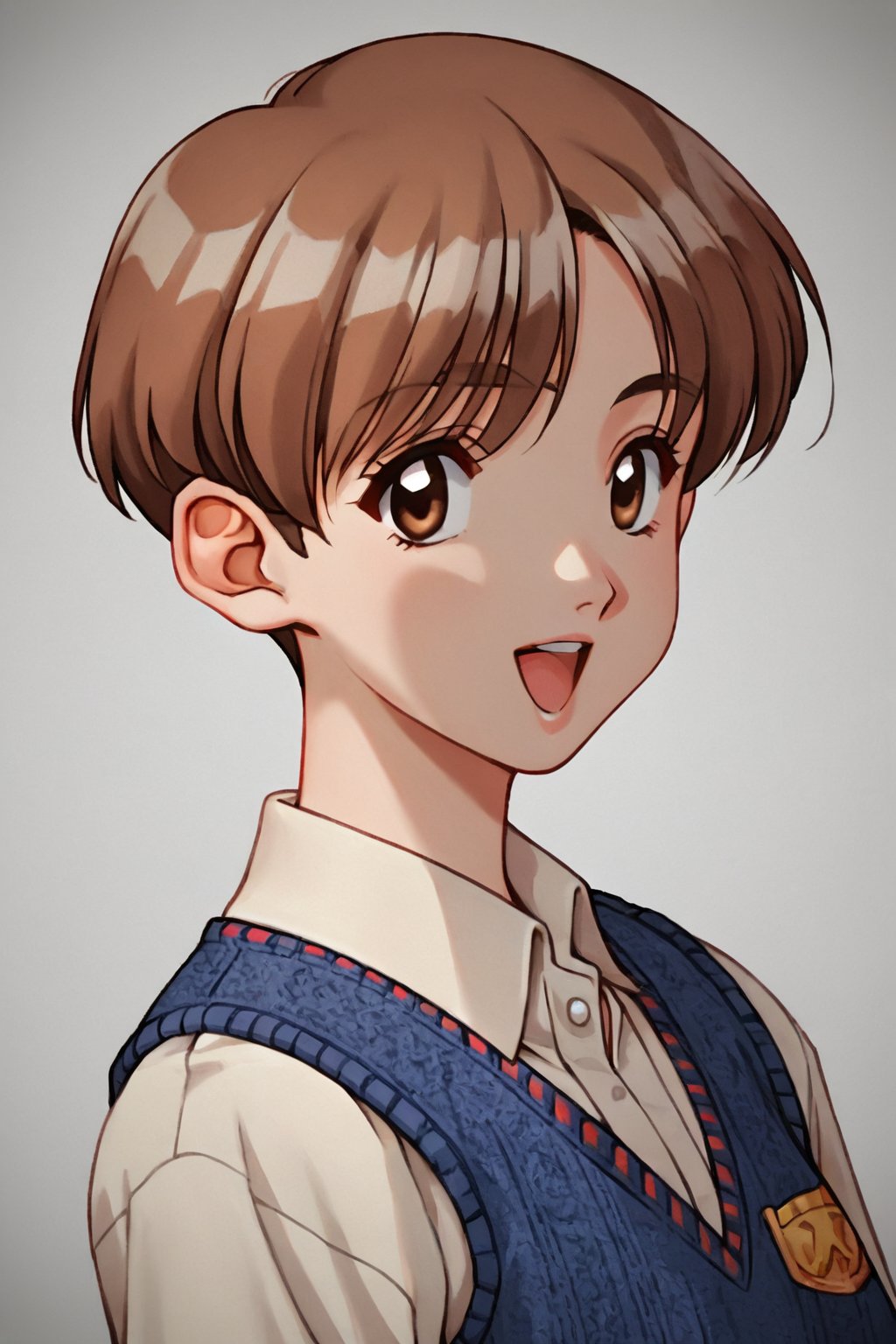 score_9, score_8_up, score_7_up, score_6_up, score_5_up, score_4_up, source_anime, s_m_tooru, 1990s \(style\), retro artstyle,1girl, solo, short hair, brown eyes, brown hair, sweater vest, open mouth, simple background, white background, looking at viewer, long sleeves, smile, shirt, upper body, collared shirt, school uniform,masterpiece, perfect face, best quality, beautiful girl, blurry background, cute girl, beautiful eyes, shiny eyes, anime coloring, anime screencap, absurdres, <lora:s_m_tooru auti:0.8>