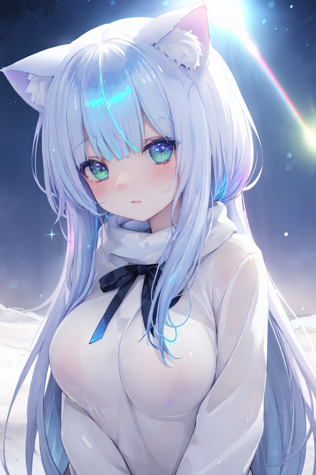 Nekomimi slime, platoon of nekomimi slime, snow mountain,(iridescent light:1.4),(glow light:1.4),(lens flare:1.3),(light particles:1.3)