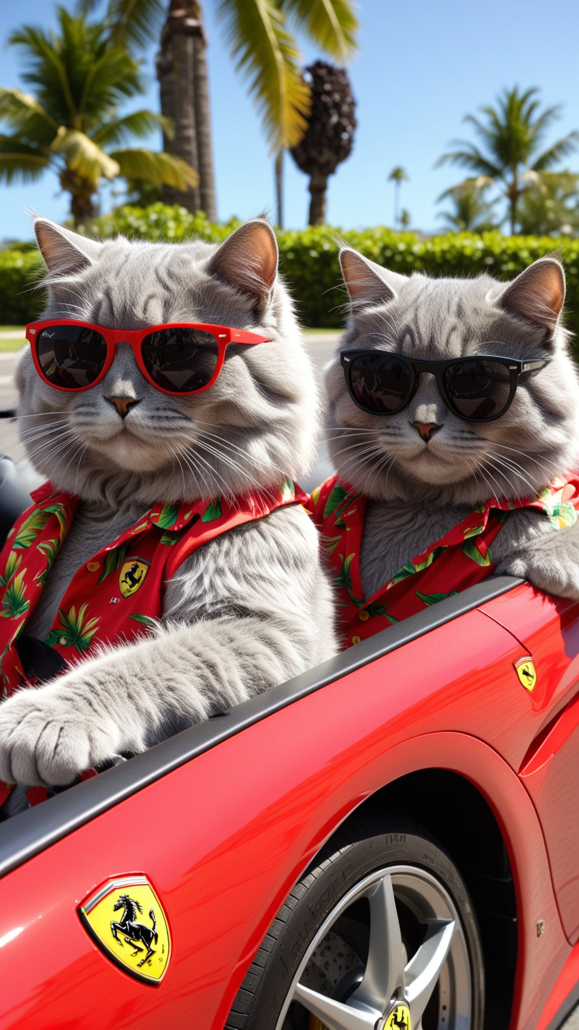 2 cute grey furry cats wearing a Hawaian shirts and sunglasses , driving a Ferrari, sunny day, uhd