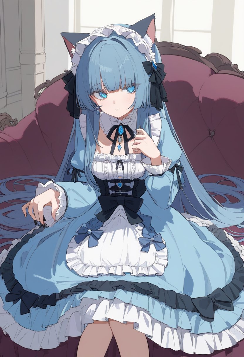 1girl,solo,very long hair,dress,blue eyes,cat ear,frills,looking at viewer,jewelry,bangs,lolita_fashion,newest,highres,absurdres,highly detailed,best quality,