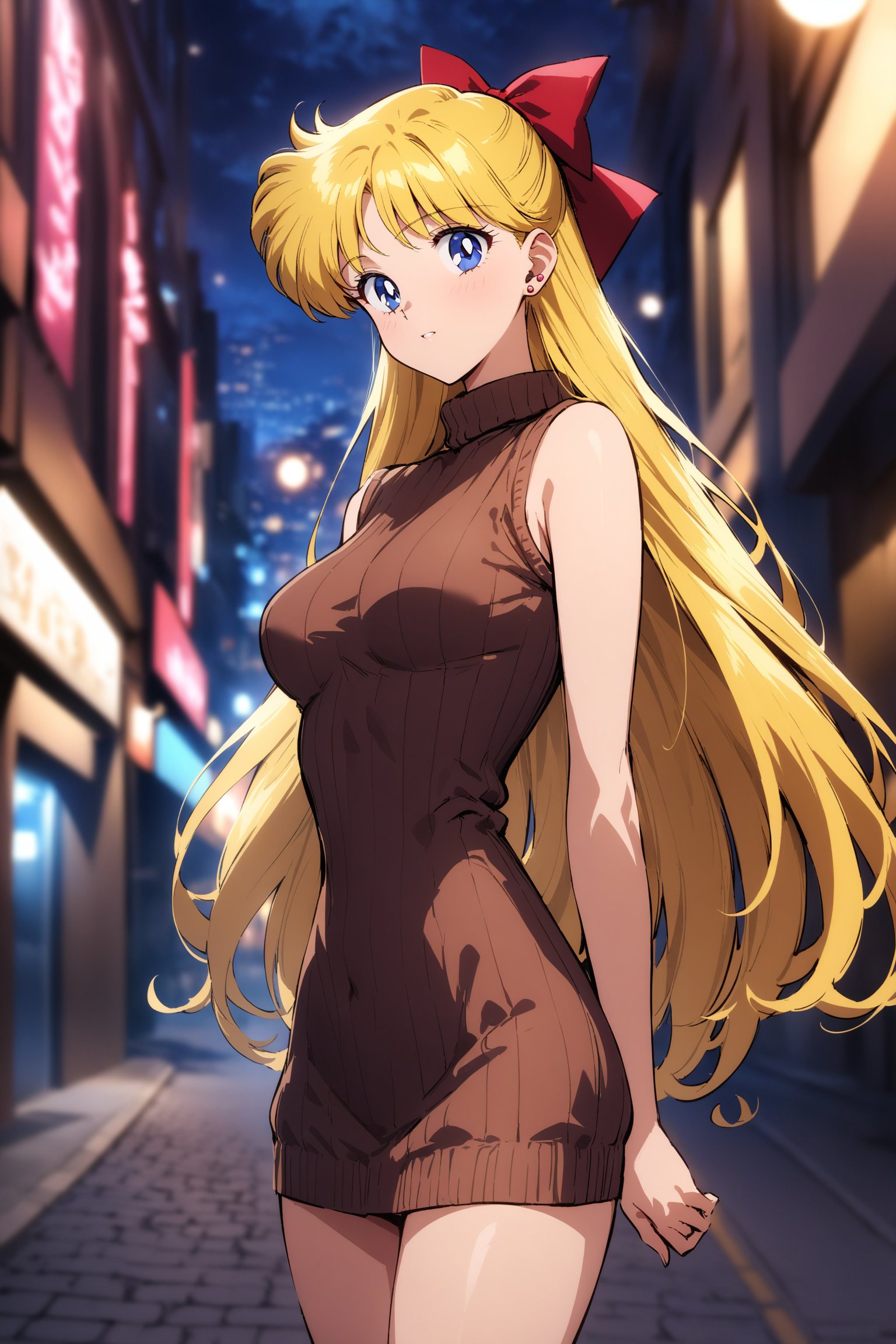 masterpiece, best quality, very aesthetic, absurdres, aavenus, long hair, blonde hair, hair bow, blue eyes, earrings, <lora:sailor_venus_XL_v1(anima):0.9>, ribbed sweater, sweater dress, sleeveless, turtleneck, night, street, standing, cowboy shot,