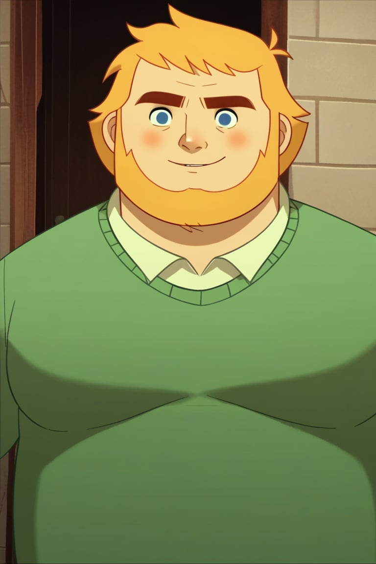 score_9, score_8_up, score_7_up, SongofTheSeaConor, SeaOfTheSea_Studio_Saloon_Style, human, hi res, green clothing, smile, thick eyebrows, overweight male, orange hair, overweight, upper body, clothing, sweater vest, male, blue eyes, 1:1, topwear, sideburns, plump, short hair, long sideburns, male focus, bara, hair, blush, mammal, green topwear, solo, green sweater, facial hair, meme, blonde hair, 1boy, shirt, anthro, green shirt, sweater<lora:EMS-444535-EMS:1.000000>