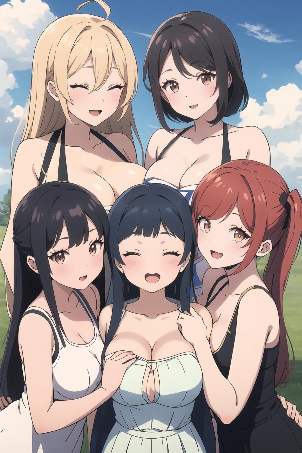 multiple girls, black hair, brown hair, 4girls, smile, closed eyes, short hair, brown eyes, breasts, long hair, ahoge, outdoors, open mouth, hand on own chest, dress, large breasts, twintails, day, sky, bangs, looking at viewer, blunt bangs, red hair, collarbone, cloud, <lora:Platinum_Anime_Hentai_CG_Helper_R1:0.8>