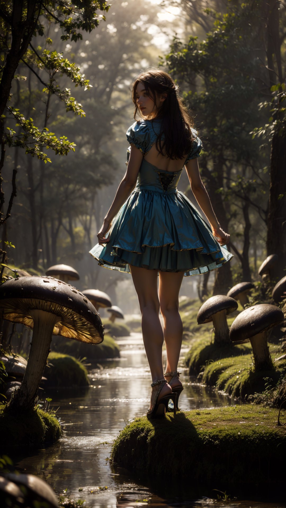 tutututu,high heels,Adult Alice in wonderland standing in stream,large mushrooms in background,highly detailed,Beautiful lighting,photoreal,4k,depth of field,night scene,light from godrays shining on ground,<lora:merged_0020:1>,