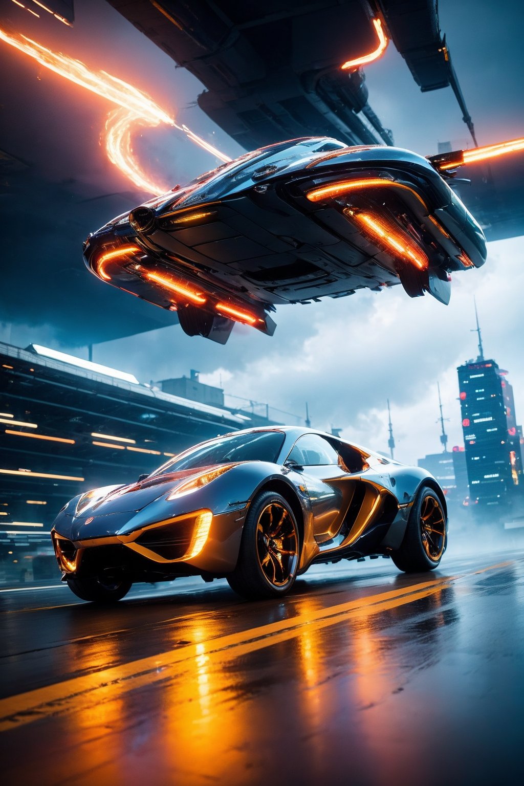(photorealistic:1.4),(Realistic:1.2), car, motor vehicle, vehicle focus, science fiction, motion blur, no humans, city, flying, scenery, aircraft, cloud, building, road, sky, helicopter, outdoors, smoke, bridge, realistic, cloudy sky, truck, glowing, cyberpunk