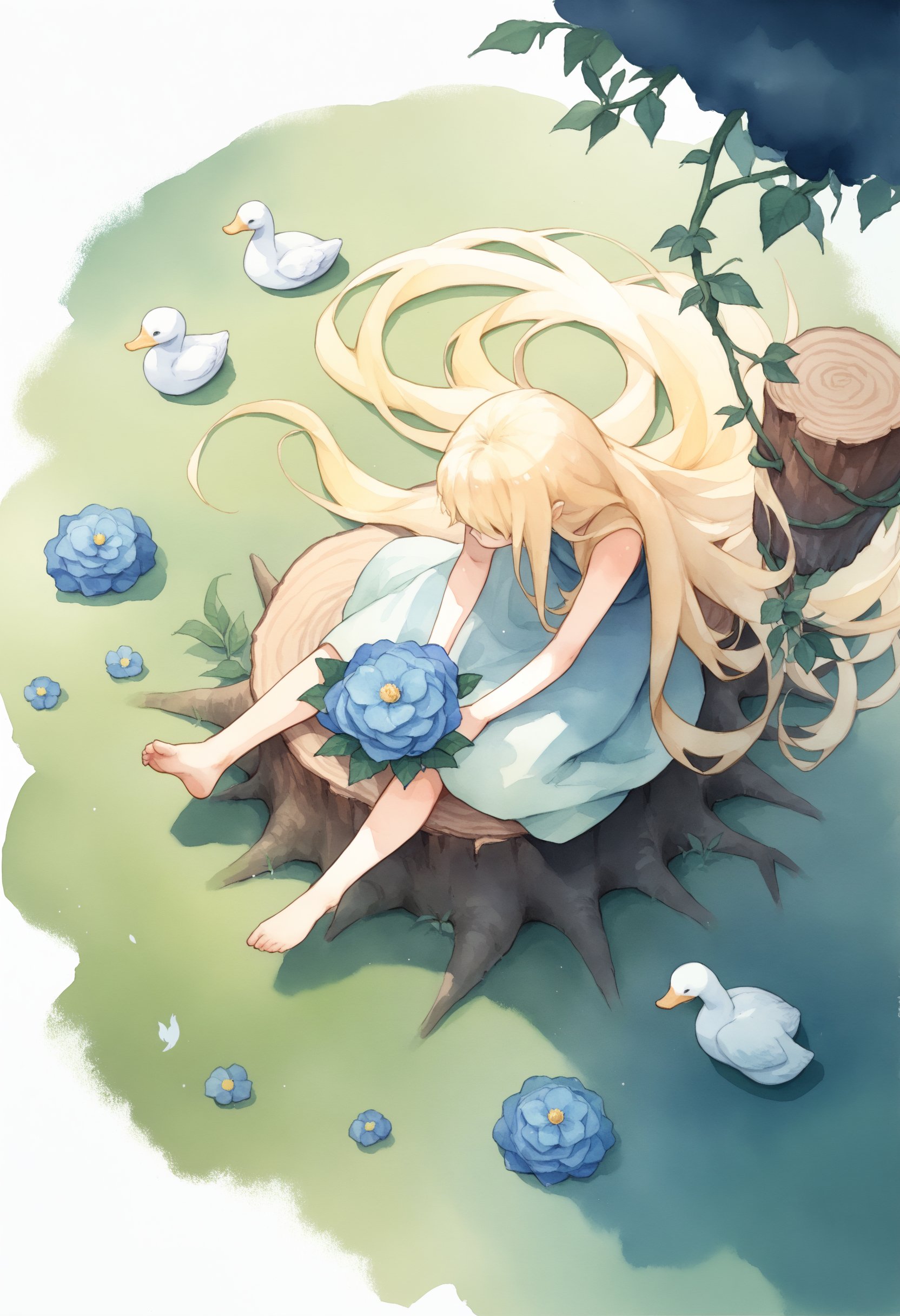 score_9, score_8_up, BREAK1girl, wide shot, blonde hair, tree stump, swan grass, watercolor effect, very long hair, from above, rock, jitome, blue flower, pale skin, feathers, plant, barefoot, long hair, cattail, flower, looking to the side, white theme, vines