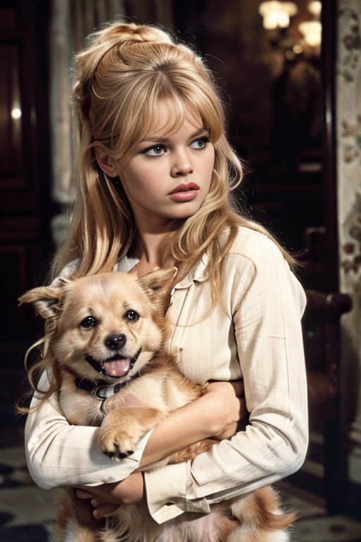 cinematic film still (masterpiece,best quality:1.2), high detailed,realistic,<lora:BrigitteBardotSD_v2.1merged:1>Brigitte Bardot is  a woman holding a dog in her arms, shallow depth of field, vignette, highly detailed, high budget Hollywood film, cinemascope, moody, epic, gorgeous