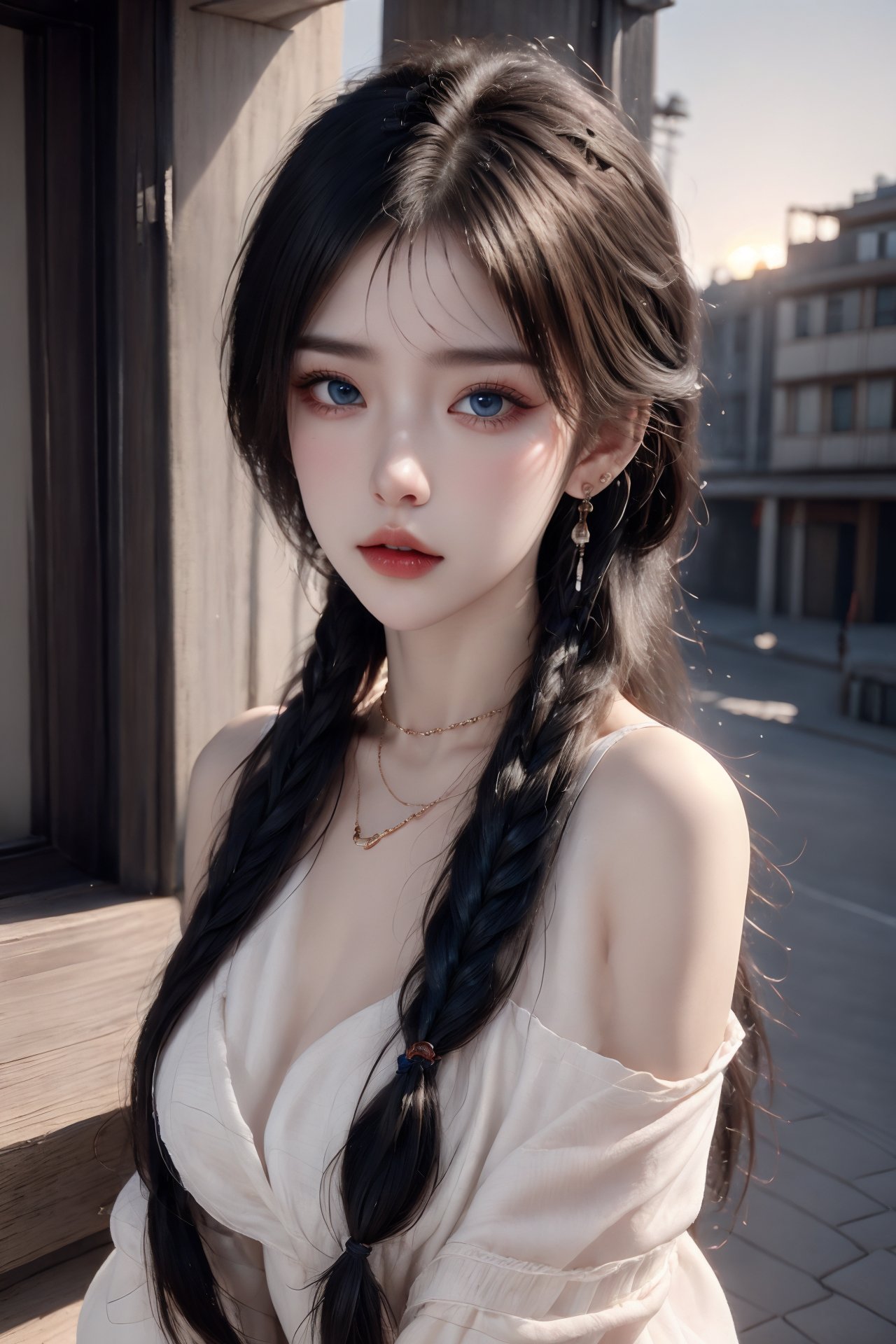 1girl, artist name, bare shoulders, blue eyes, blue hair, blurry, blurry background, braid, breasts, building, choker, cleavage, depth of field, earrings, hair over shoulder, jewelry, long hair, looking at viewer, medium breasts, necklace, off shoulder, outdoors, parted lips, single braid, solo, sunset, upper body  <lora:1:1>