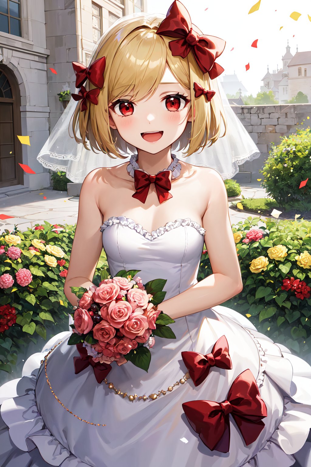 masterpiece, best quality, highres, aalamb, short hair, hair bow, red bow, red eyes, <lora:lambdadelta_v1:0.7>, bridal veil, wedding dress, white dress, strapless, garden, smile, open mouth, holding bouquet, confetti, 