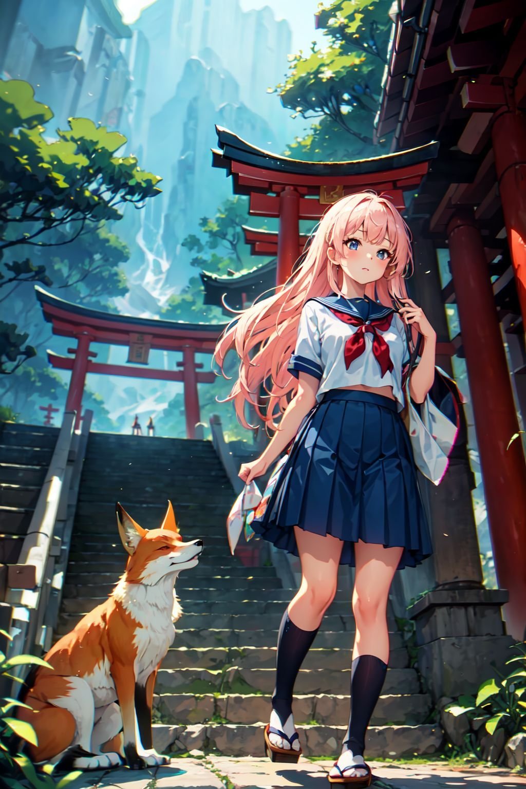 (masterpiece, best quality, chromatic aberration), 1girl stay near a fox,school uniform, blue skirt, stairs, japanese temple, moutain, forest, Torii, (fox \(creature):1.2, close a girl),  