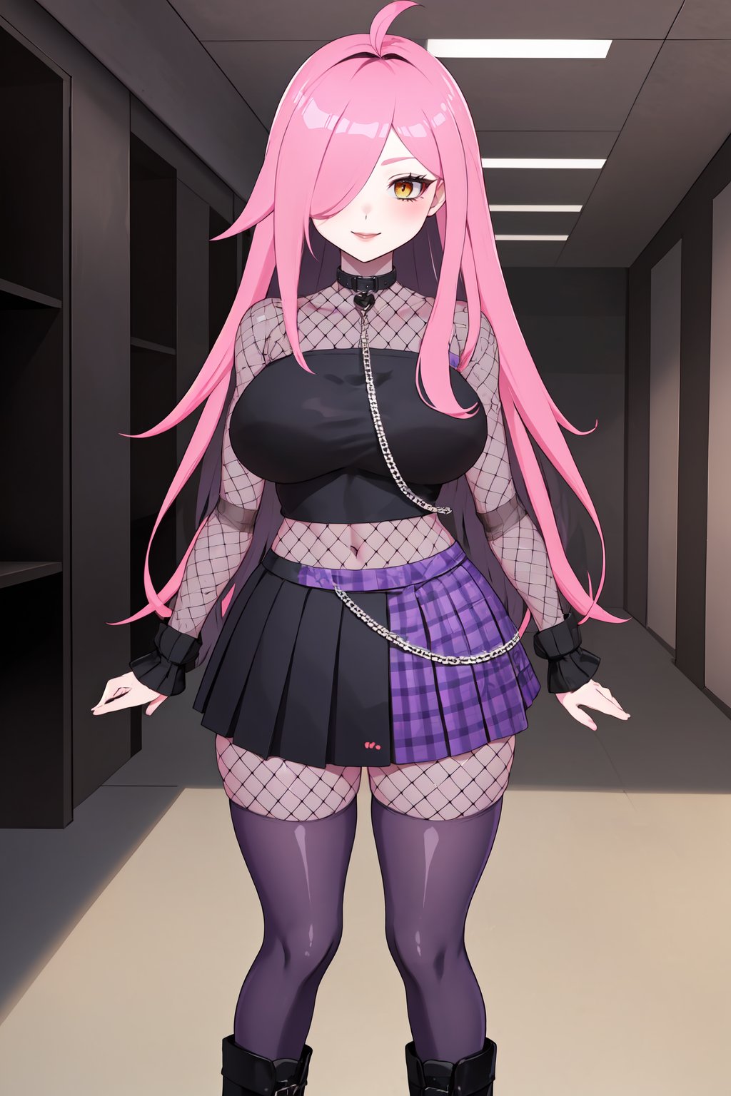 (masterpiece, best quality), NeneEfthyVT, yellow eye, hair covering one eye, long hair, pink hair, ahoge, collar, navel,  (black pads sleeve:1.2), collar with chain, black crop top, (mesh:1.3), purple skirt, black skirt, skirt, square skirt, (two tone skirt:1.3), (half color skirt:1.3), (thight mesh:1.3), ((purple thighhighs:1.3)), black boots, ((solo)), standing, looking at viewer, seductive smile, indoors  <lora:NeneEfthyVT:0.7>