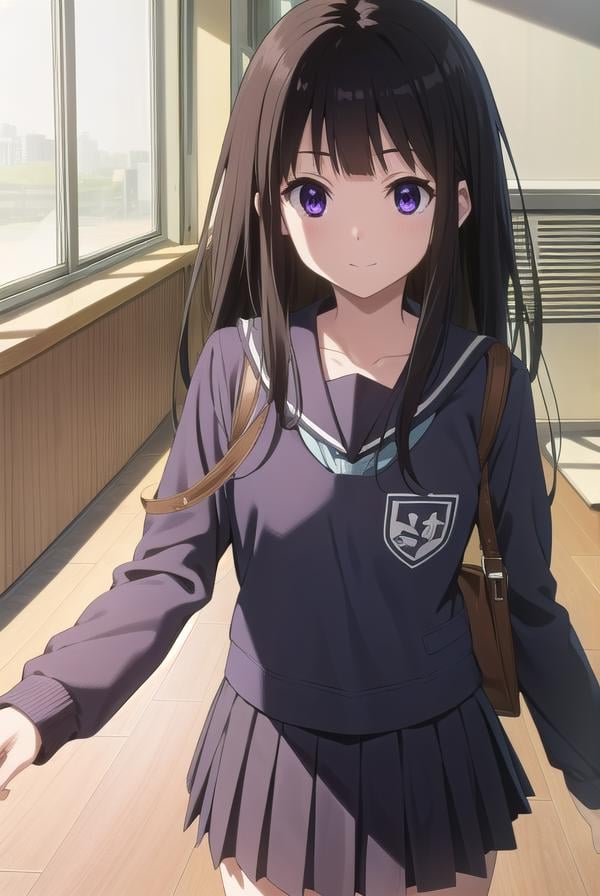 eruchitanda, <lora:eru chitanda s1-lora-nochekaiser:1>,eru chitanda, long hair, black hair, bangs, blunt bangs, (purple eyes:1.1), sidelocks, smile,BREAK skirt, school uniform, serafuku, kamiyama high school uniform \(hyouka\), black skirt, long sleeves, black sailor collar,BREAK indoors, classroom,BREAK looking at viewer, (cowboy shot:1.5),BREAK <lyco:GoodHands-beta2:1>, (masterpiece:1.2), best quality, high resolution, unity 8k wallpaper, (illustration:0.8), (beautiful detailed eyes:1.6), extremely detailed face, perfect lighting, extremely detailed CG, (perfect hands, perfect anatomy),