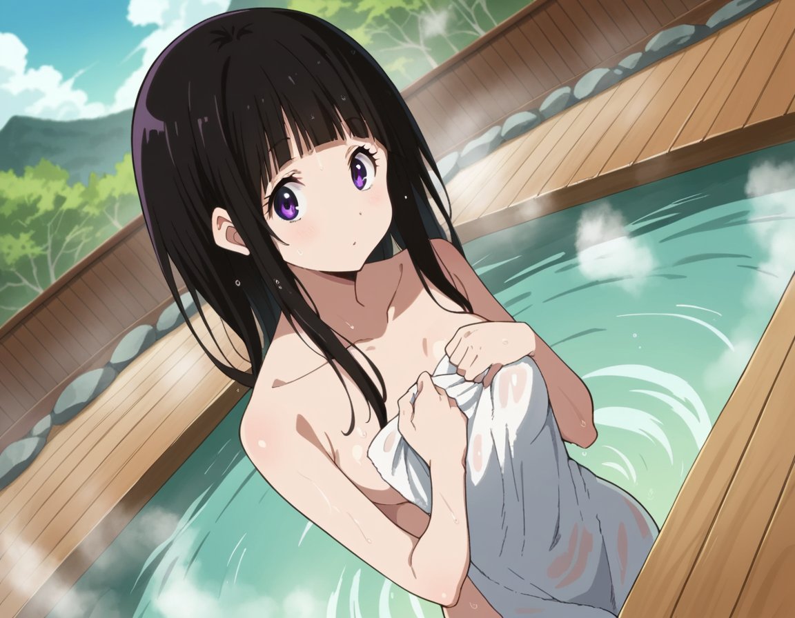 score_9, score_8_up, score_7_up, source_anime,eruchitanda, <lora:eru-chitanda-s1-ponyxl-lora-nochekaiser:1>,eru chitanda, long hair, black hair, bangs, blunt bangs, purple eyes, sidelocks,nude, naked,outdoors, onsen, towel, naked towel, steam, bathing, nude cover, partially submerged, water, bath, steam censor, wet towel,looking at viewer, cowboy shot, dutch angle,