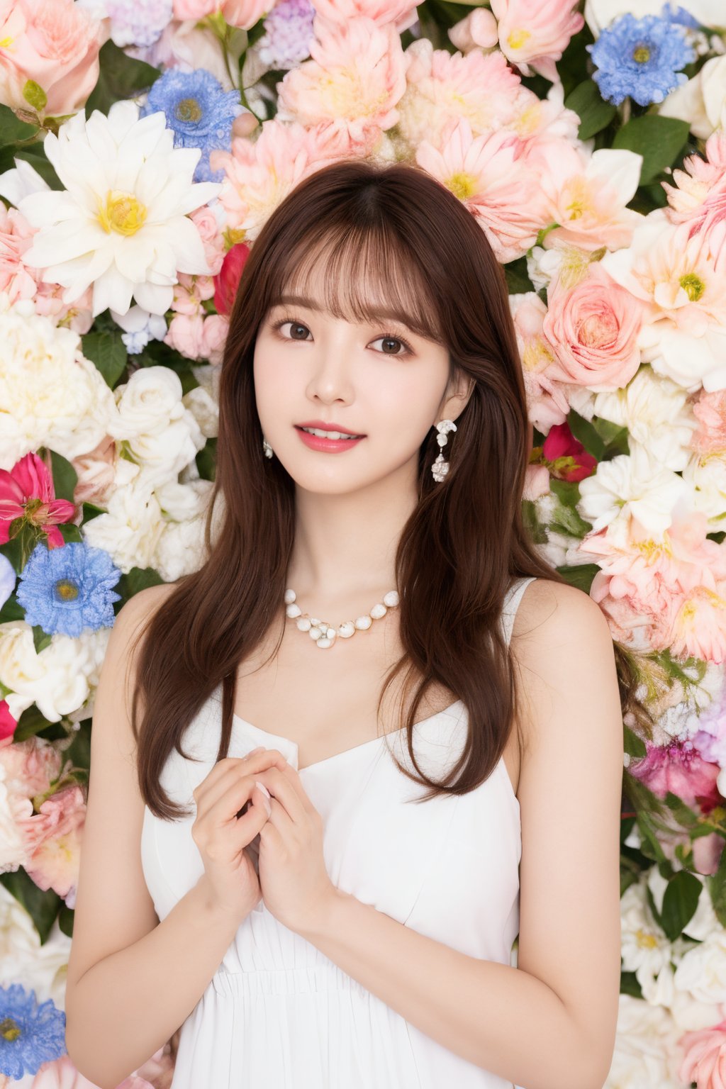 裴希西, 1girl, jewelry, solo, flower, brown hair, earrings, necklace, own hands together, pearl necklace, brown eyes, dress, realistic, white flower, smile, yellow flower, upper body, looking at viewer, pink flower, long hair, own hands clasped, parted lips, white dress, rose, red flower, floral background, blue flower