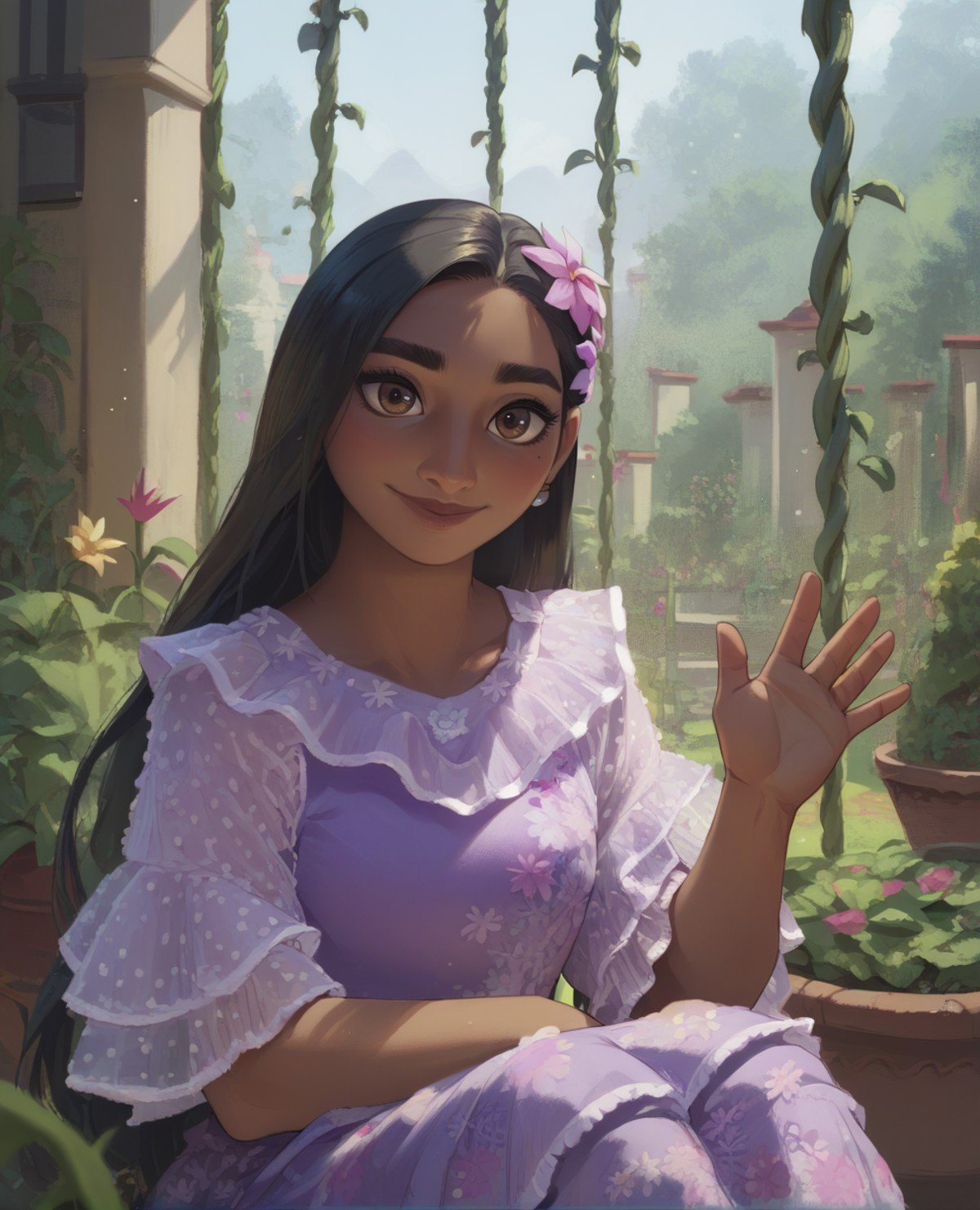 score_9,score_8_up,score_7_up,score_6_up,isabelaxl,long hair,black hair,brown eyes,hair flower,purple dress,jewelry,floral print,frills,garden,vines,waving,light smile,sitting,upper body,<lora:isabellaxl:0.9>,