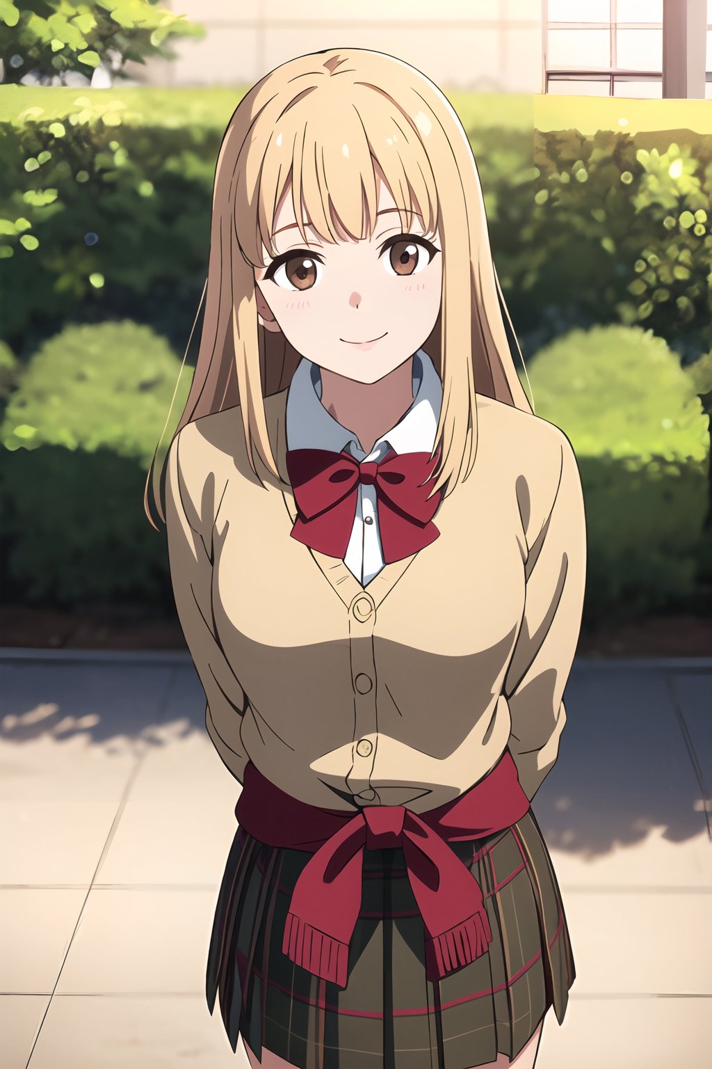 cute 1girl,blonde hair,(straight hair),bangs on one side,head tilt,(waist),light brown cardigan,plaid skirt,red bowtie,arms behind back,looking at viewer,happy smile,entrance,outdoor,from above,teenage,(depth of field),masterpiece,best quality,