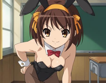 score_9, score_8_up, score_7_up, source_anime,haruhisuzumiya,  <lora:haruhi-suzumiya-s1-ponyxl-lora-nochekaiser:1>,haruhi suzumiya, short hair, brown hair, brown eyes, hairband, medium hair, ribbon, hair ribbon,animal ears, pantyhose, rabbit ears, leotard, wrist cuffs, detached collar, fake animal ears, playboy bunny, black leotard, cleavage,indoors, classroom, bent over, smile,looking at viewer, cowboy shot, solo,