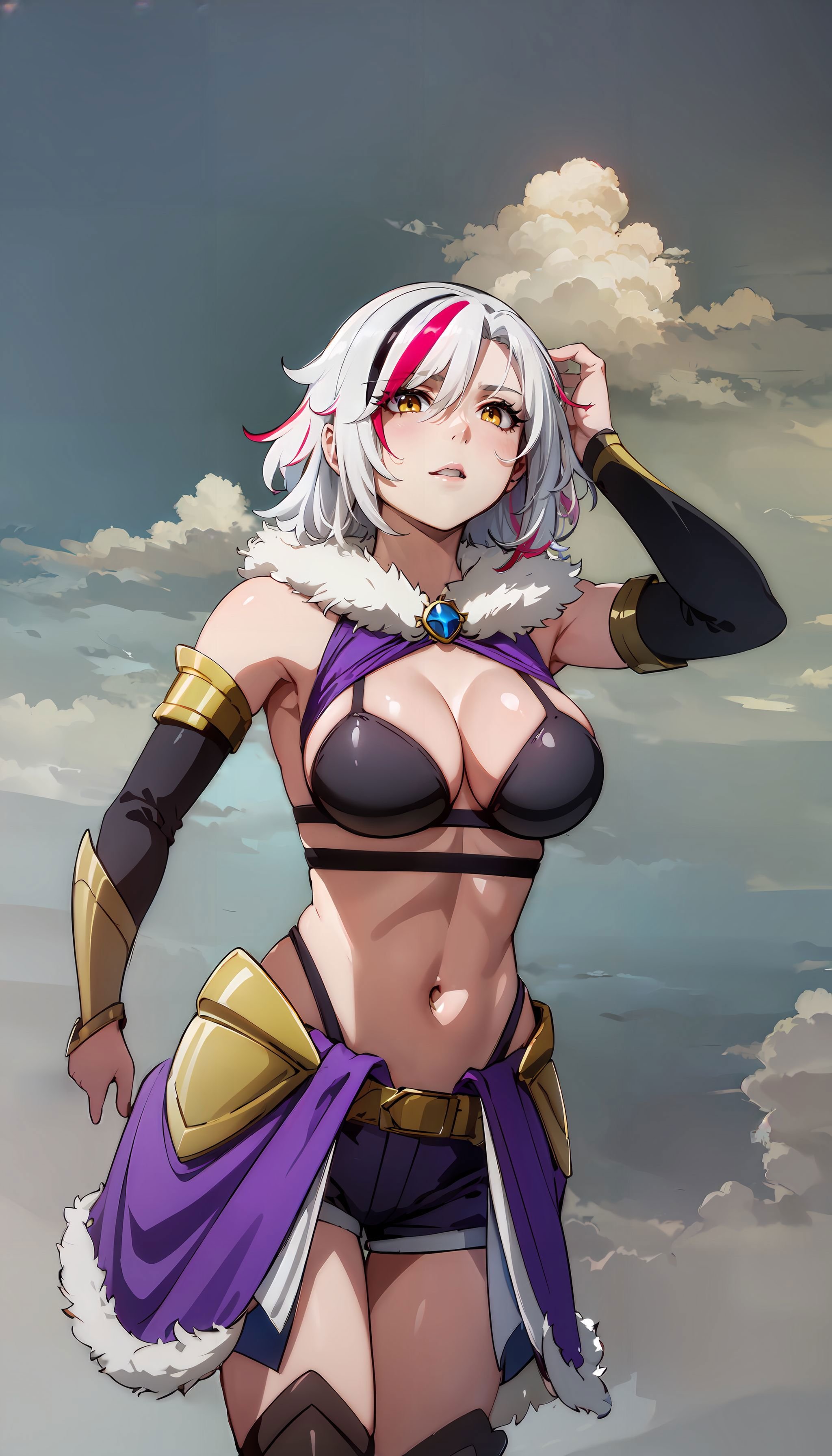 photorealistic, (4k), depth of field, (Masterpiece), (realistic skin texture), extremely detailed, intricate, hyper detailed, high resolution, sharp detail, best quality, woman, white hair, streaked hair, hair covering one eye, metal bra, detached sleeves, bare shoulders, fur trim,  (purple waist cape), black shorts, yellow eyes,  , sitting with hands around her ankles ,  <lora:Sofia_Bulga:0.7> , <lora:GoodHands-vanilla:0.8> , <lora:BetterFeet:0.8> , (between clouds:1.3), in the sky, blue sky, falling, (levitation:1.3), in air, flying, (thick clouds:1.5),