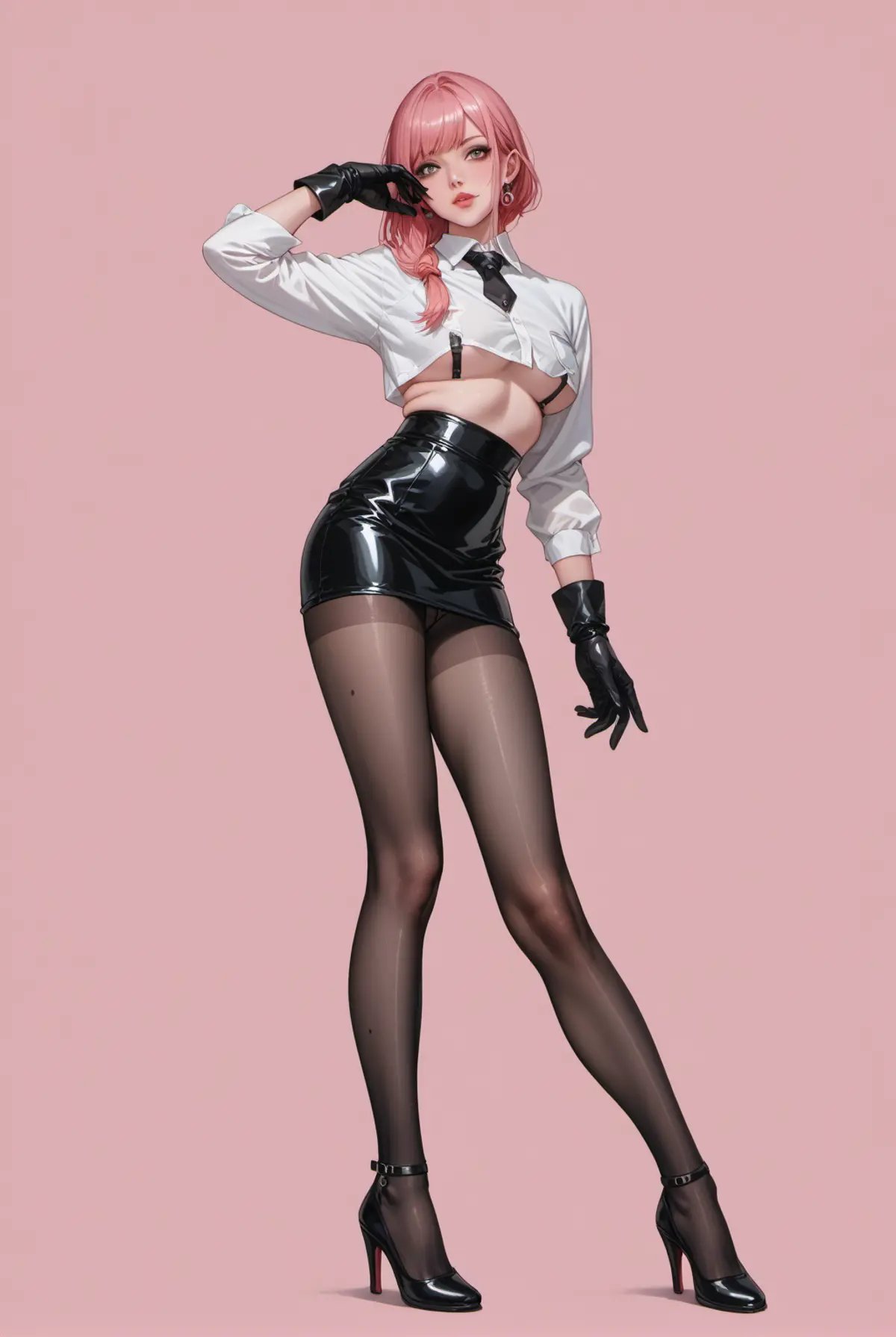 score_9,score_8_up,score_7_up,solo,future0620,belly,pantyhose,Short white shirt,high heels,Black hip skirt,black gloves,<lora:future0620-suit>,pink background,looking_at_viewer,