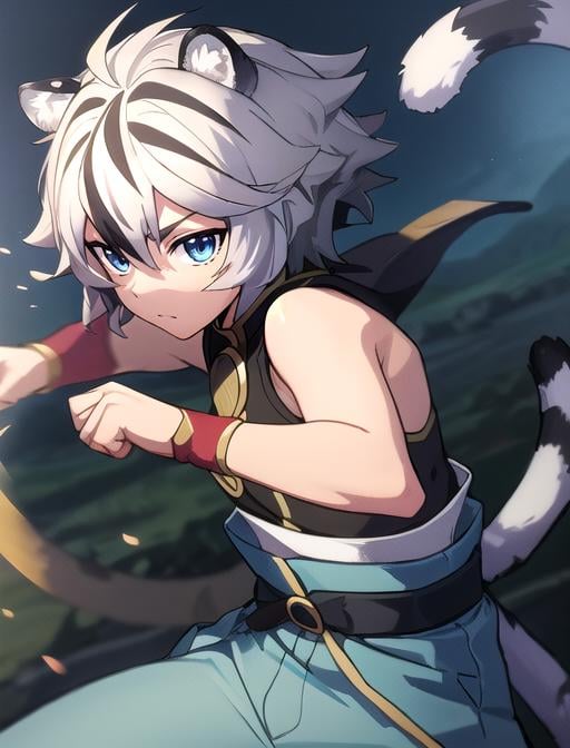 best quality, masterpiece, highres, detailed, digital illustration, <lora:Detail - add_detail:0.2>, FohlFayon, tiger boy, tiger tail, two-toned hair, white hair, black hair, tiger ears, fighting stance,  <lora:Character - FohlFayon:0.8>, short hair, blue eyes, blue pants, 