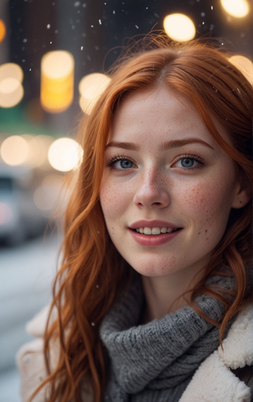 closed lips, cute smile, cinematic photo (art by Mathias Goeritz:0.9) , photograph, Lush Girlfriend, Tax collector, Rich ginger hair, Winter, tilt shift, Horror, specular lighting, film grain, Samsung Galaxy, F/5, (cinematic still:1.2), freckles . 35mm photograph, film, bokeh, professional, 4k, highly detailed ,1 girl,midjourney,yuzu, perfect, fingers, ,Extremely Realistic <lora:InfiniteReality_SDXL_fp16:1>