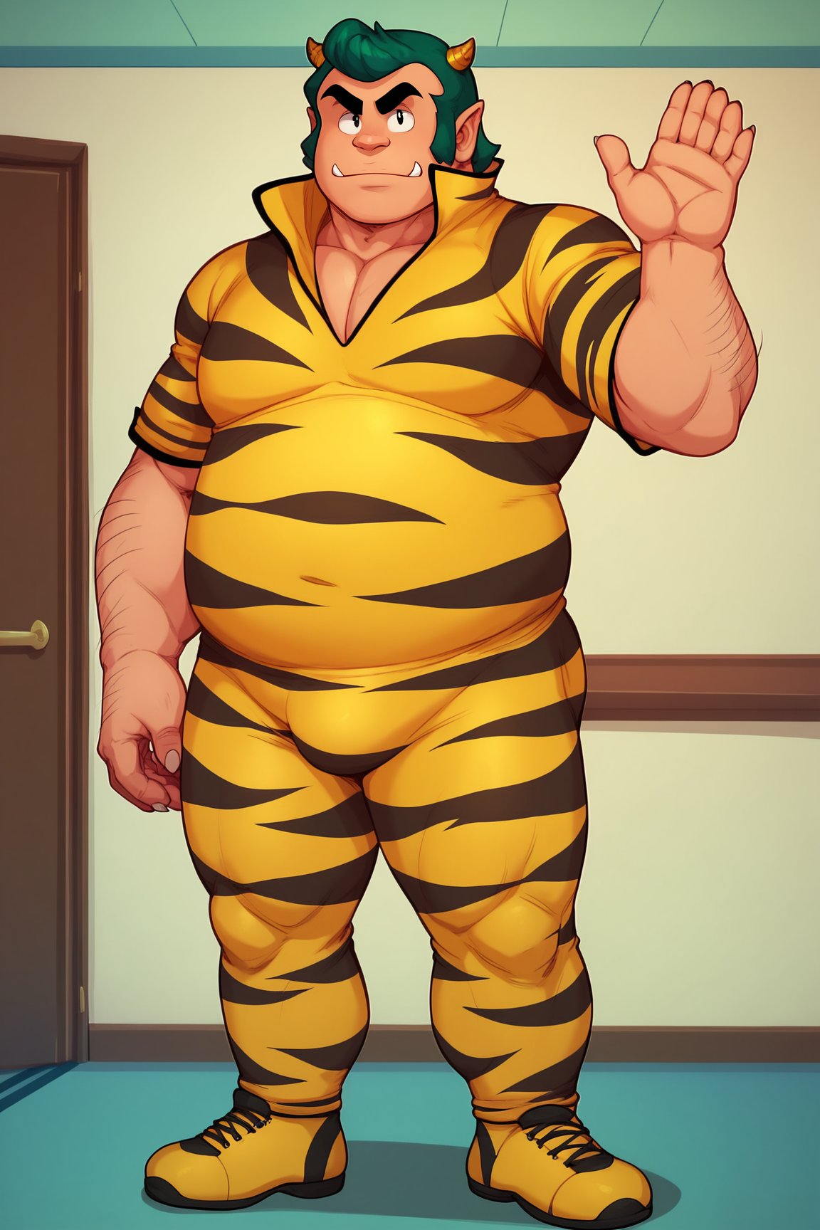 score_9, score_8_up, score_7_up, score_6_up, BREAK, LumFatherUYXL, thick eyebrows, black eyes, green hair, short hair, sideburns, yellow horns, oni horns, pointy ears, fangs, muscular male, fat, tiger print, yellow bodysuit, short sleeves, solo, full body, standing, waving, seductive smile, looking at viewer, indoors <lora:LumFatherUYXL:1>