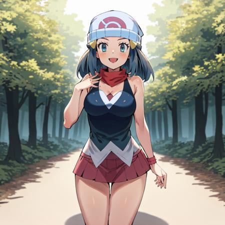 <lora:hll6.3-fluff-a7:1>,  <lora:tamagoro-03:1>, by tamagoro, high quality, best quality,  <lora:character_pokemon_dawn_v7:1> dawn \(pokemon\), beanie, red scarf, miniskirt, sleeveless shirt, happy, standing, pose,  cowboy shot, forest trail background, full body, 