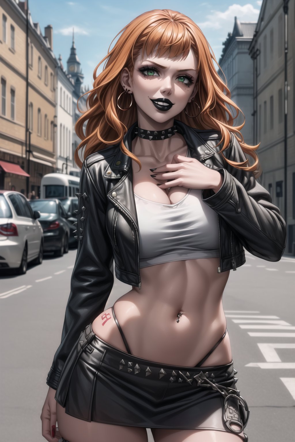 ((best quality)), ((highly detailed)), masterpiece, ((official art)), detailed face, beautiful face, (detailed eyes, deep eyes), seductive posing, (cowboy shot), mimosa vermillion, wavy hair:1.2, orange hair, green eyes, red earrings, (makeup, black lips:1.3),(smirk, ,seductive smile:1.3), (hoop earrings), (sexy:1.3), ((a punk girl on the streets of London in a studded leather jacket and miniskirt, piercings)), intricately detailed, hyperdetailed, blurry background, depth of field, best quality, masterpiece, intricate details, tonemapping, sharp focus, hyper detailed, trending on Artstation, 1 girl, high res, official art<lora:EMS-28161-EMS:0.300000>, <lora:EMS-401523-EMS:0.600000>, <lora:EMS-41017-EMS:0.600000>, <lora:EMS-93-EMS:0.600000>, <lora:EMS-31593-EMS:0.200000>