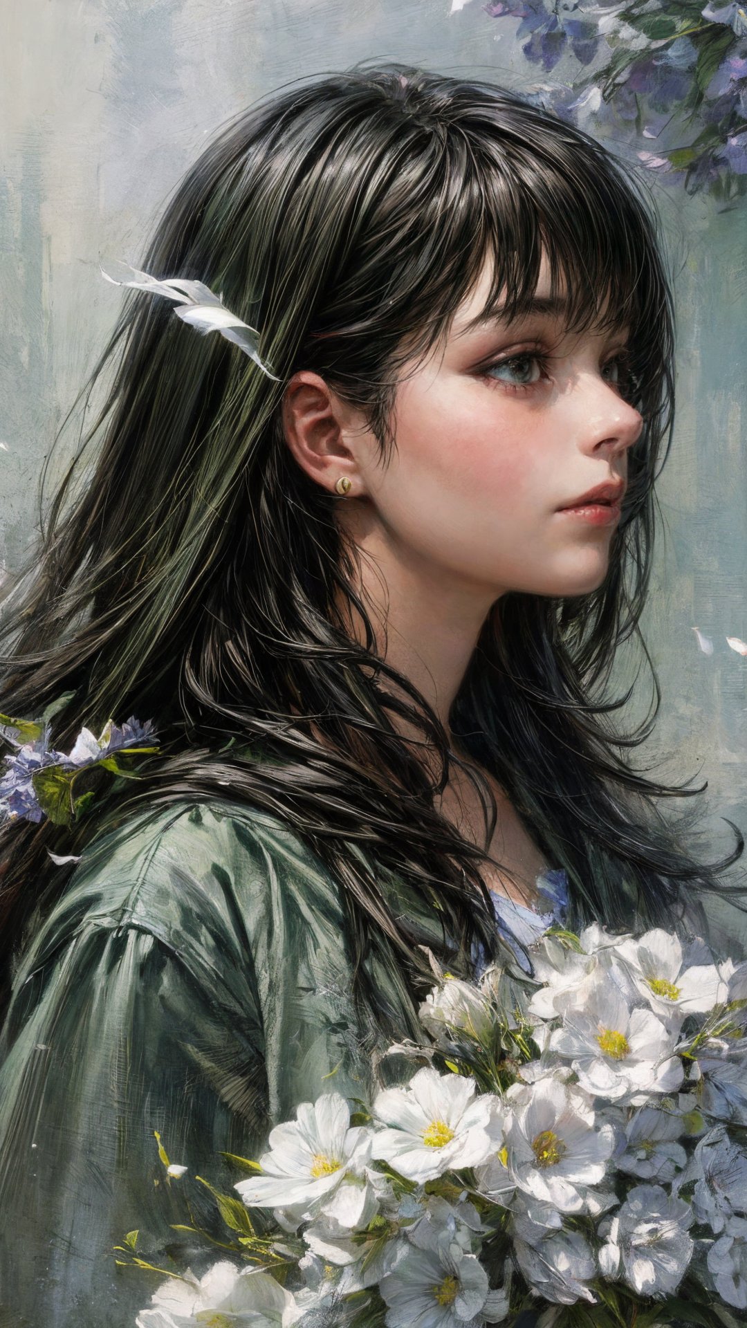 Girl's profile picture, light green long hair, with bangs, light blue petals, realistic skin texture, detailed picture, close up, hd32kmasterful painting, flat, add details, <lora:add_detail:0.5> <lora:flat1:-1> 