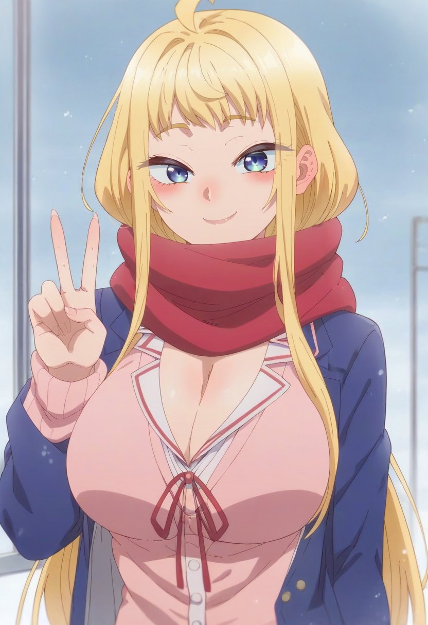 <lora:Fuyuki Minami:1> minami fuyuki,  long_hair, blue_eyes, bangs, blonde_hair, ahoge, 1 girl, solo, blush, large_breasts, smile,    cleavage,school uniform,scarf,red scarf,blue jacket,open clothes,long sleeves,neck ribbon,pink cardigan,shirt,, upper body, looking at viewer, v-sign one hand, score_9, score_8_up, score_7_up, score_6_up, score_5_up, score_4_up ,BREAK source_anime, anime