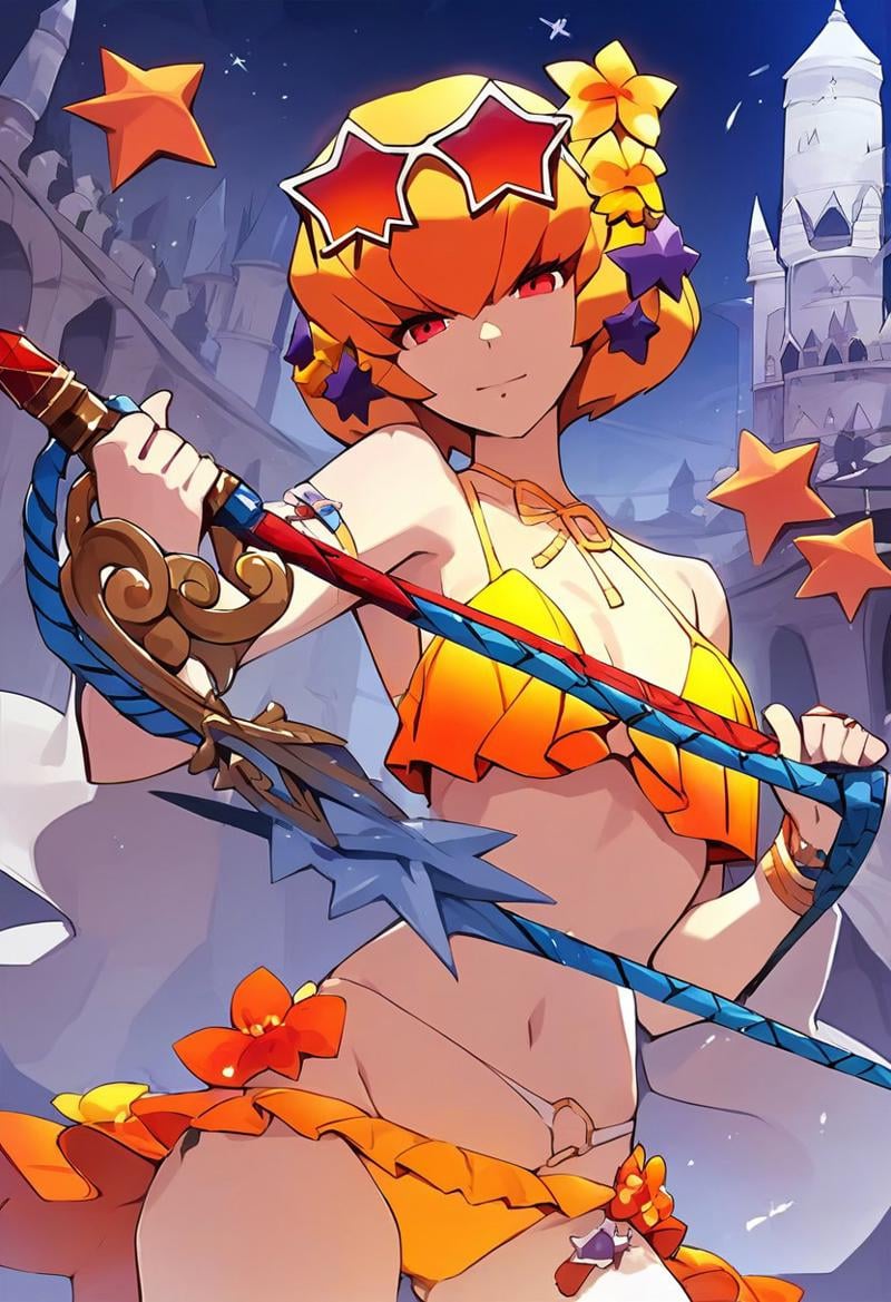 score_9, score_8_up, score_7_up,source_anime,Clementine, blonde hair, short hair, red eyes,star sunglasses on head, head accessory, orange bikini, strap, panties,holding whip,castle view, moonlight,solo