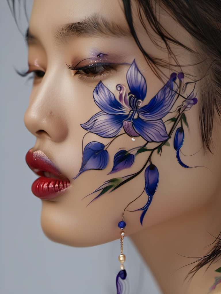 Zhuangrong,solo,tattoo,blue pattern,hand-painted,1girl,black hair,close-up,mole,lips,long hair,jewelry,open mouth,makeup,realistic,lipstick,earrings,<lora:xlgfzr:1>,