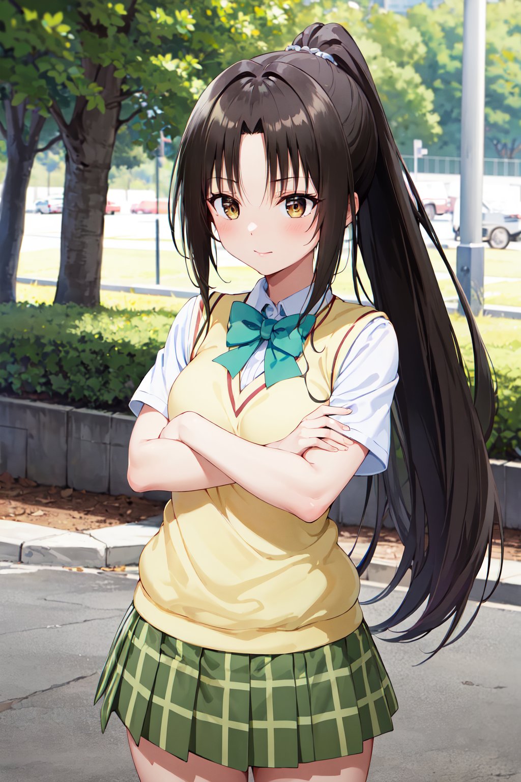 masterpiece, best quality, highres, 1girl, solo, long hair, black hair, ponytail, parted bangs, brown eyes, school uniform, green bowtie, white shirt, short sleeves, sweater vest, yellow vest, plaid skirt, green skirt, <lora:kujou_rin_v1:0.7>, standing, cowboy shot, crossed arms, outdoors