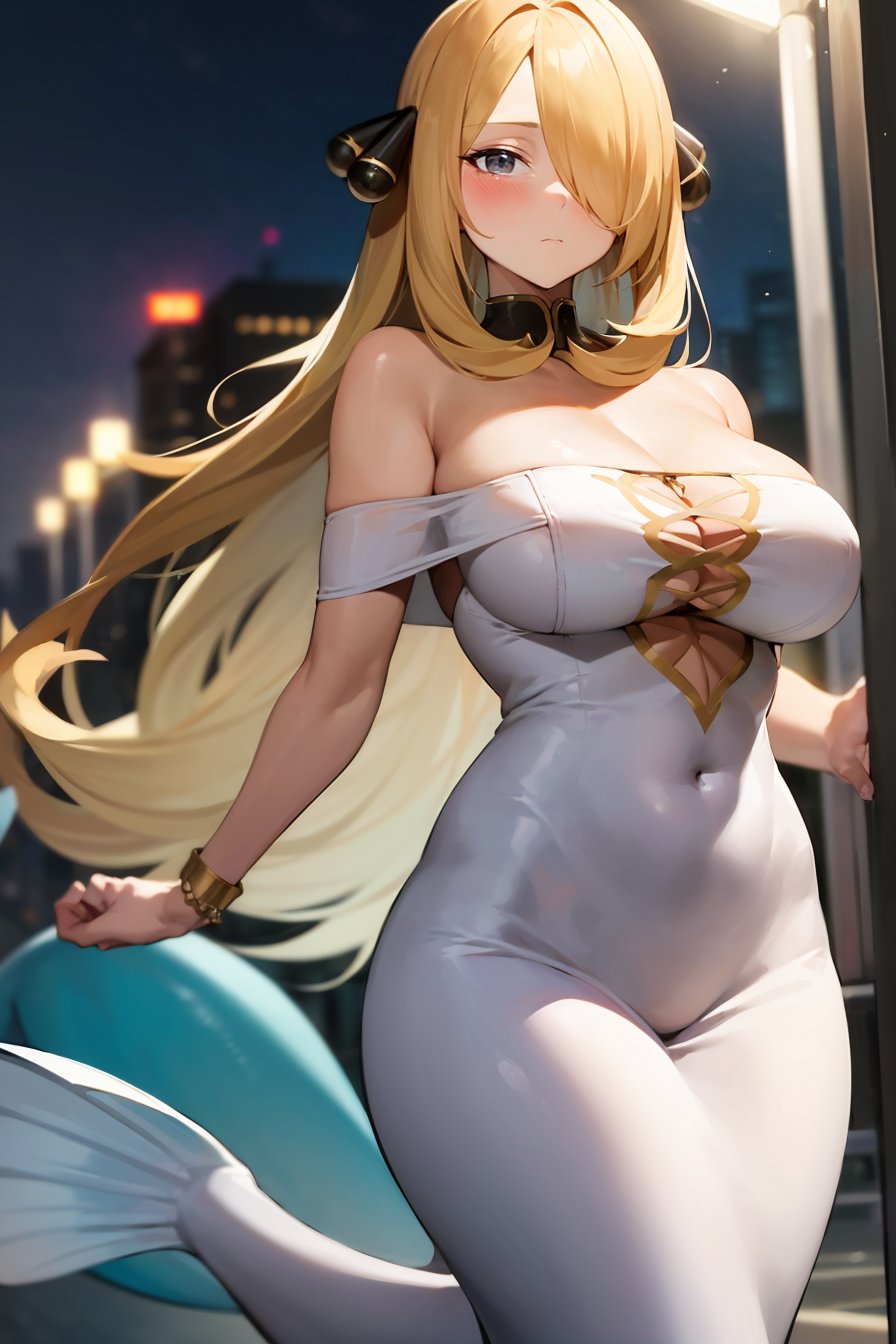 (masterpiece, best quality), 1girl, (solo), looking at viewer,<lora:Cynthia (Ikuchan Kaoru)-offset:0.9>, cynthia-IK, blonde hair, hair ornament, hair over one eye, long hair, large breasts,(Modern off-the-shoulder mermaid dress:1),expressionless, closed mouth, blush,city background, street lights, buildings, 