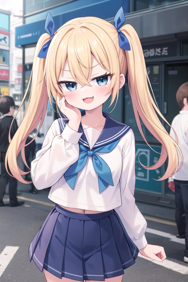 <lora:sensualface_type3_v3:1>insanely detailed, absurdres, ultra-highres, ultra-detailed, best quality,1girl, solo, nice hands, perfect hands,BREAK(wearing sailor school uniform, dark blue pleated skirt, white shirt),(evil smile, ;3, smug, open mouth:1.3), fangsBREAKstanding, hand on own face, 45 angle,from below, cowboy shot, looking at viewer, tilt headBREAKslender, kawaii, perfect symmetrical face, ultra cute girl, ultra cute face, ultra detailed eyes, ultra detailed hair, ultra cute, ultra beautifulBREAKin harajuku, shibuya, tokyo, street, crowd, cityscape,small breastsBREAK(gold blonde) hair, (short:1.3) twintails, blue eyes, blue hair ribbon, hair between eyes