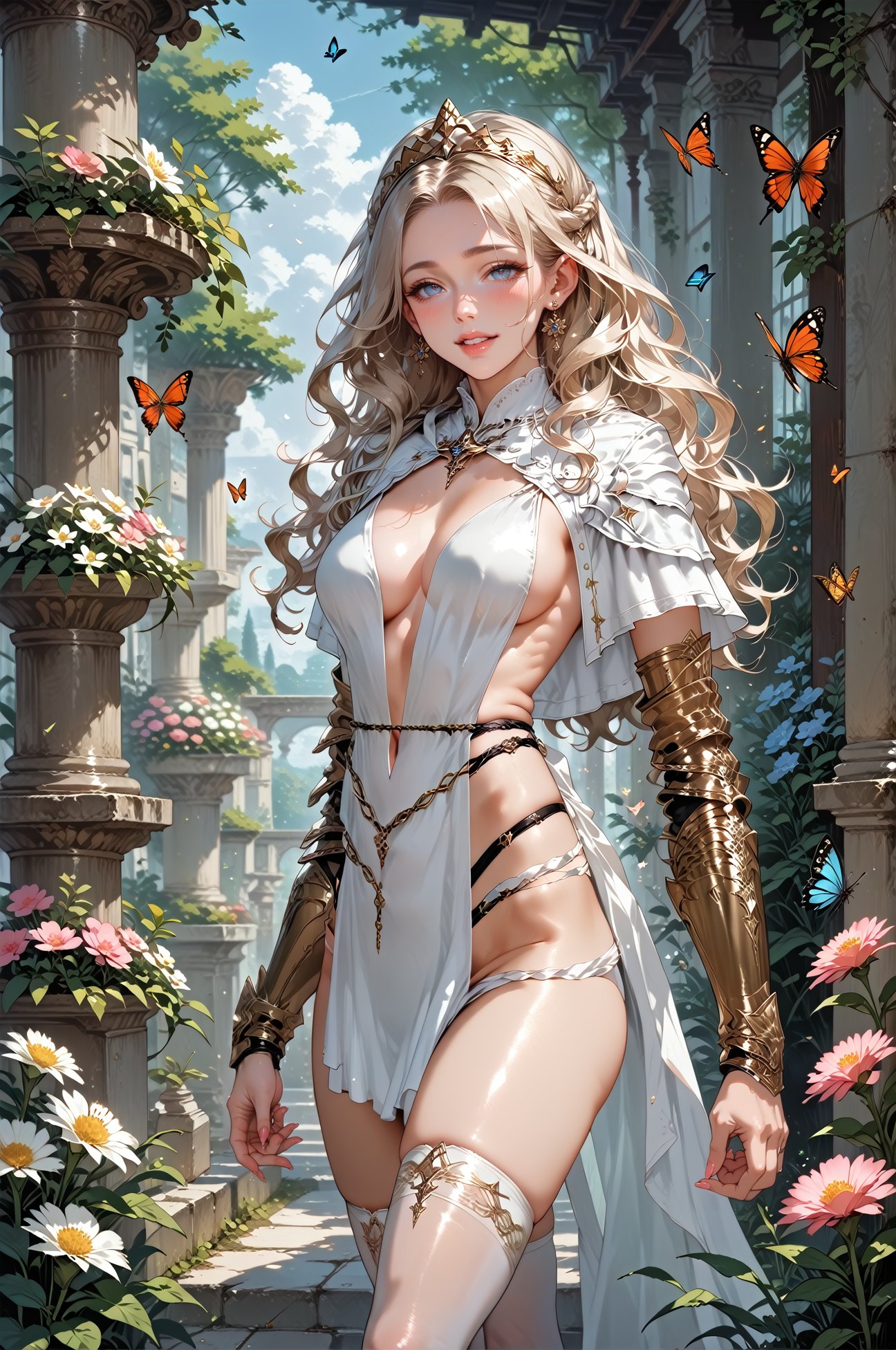 score_9, score_8_up, score_7_up, score_6_up, 1girl,princess, long hair, posing, cute pose, joyful, stockings, wavy hair,  outdoors, romantic, garden, flowers, butterflies, moonlight, surreal, fantastical, <lora:LOA3c1ips3XL:0.95> LOA3c1ips3XL, pelvic curtain, shiny earrings,<lora:hand 4:0.3> , <lora:Fant5yP0ny:0.6> <lora:Expressive_H:0.4> Expressiveh 