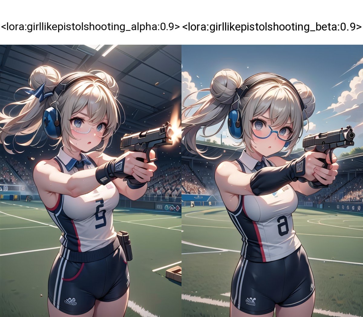 (((masterpiece))), (((best quality))), ((pistol shooting)), (one hand holding air handgun), muzzle flash, aiming at target, firing, player uniform, sleeveless, sports shorts, ear defenders, fingerless gloves, open-air range, olympic games venue, sky, wind, steam, sweat, shadow, 1girl, dark lenses, ribbon, white, double bun, big tits, stnading, facing viewer, <lora:girllikepistolshooting_alpha:0.9>