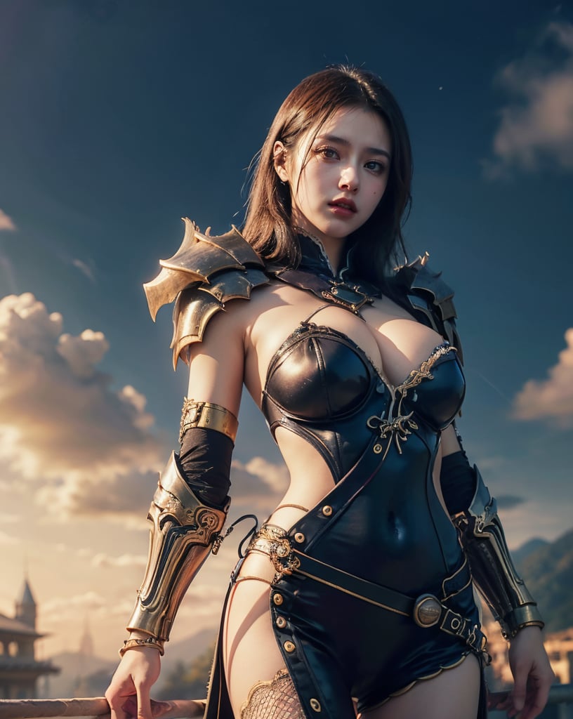 masterpiece, best quality, 1girl, jinsoyun, solo, large breasts, white bodysuit, shoulder armor, fishnet, single gauntlet, bracelet, mansion, fantasy background, standing, upper body, looking at viewer, from below, cowboy shot <lora:Zephyr Fantasy Art:0.8> Fantasy, masterpiece, high quality,