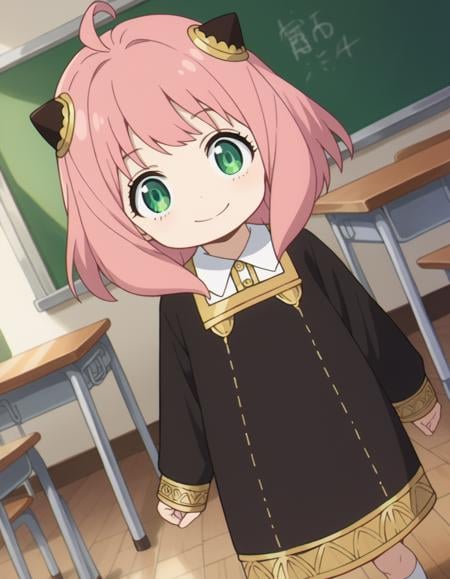 score_9, score_8_up, score_7_up, source_anime,anyaforger, <lora:anya-forger-ponyxl-lora-nochekaiser:1>,anya forger, anya forger, bangs, green eyes, pink hair, ahoge, hair ornament, hairpods, child, female child, smile,long sleeves, dress, school uniform, socks, black dress, eden academy school uniform,indoors, classroom,looking at viewer, cowboy shot, dutch angle,