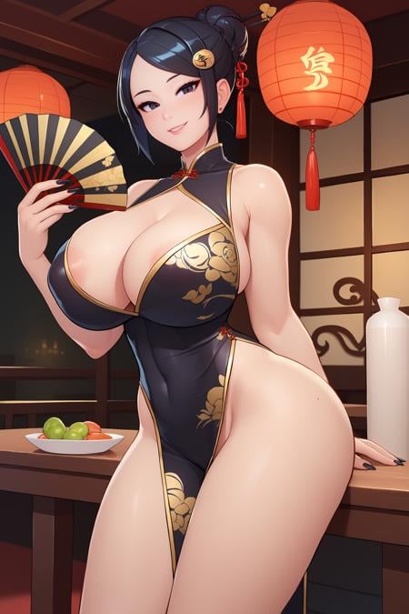 score_9, score_8_up, score_7_up, BREAK  source_anime, best quality, masterpiece, uncensored, rating_explicit, BREAK 1girl, huge breasts black eyes, black hair, asian hairpin hairstyle, black and iridescent gold qipao, cleavage, holding a fan, long nails, black nails, dragon tattoo, leaning against a table, smiling, BREAK asian restaurant, warm lighting, extremely detailed background, <lora:nisetanaka-artist-richy-v1_pdxl:1>, <lora:add-detail-xl:1>, zPDXL,  zPDXLxxx    